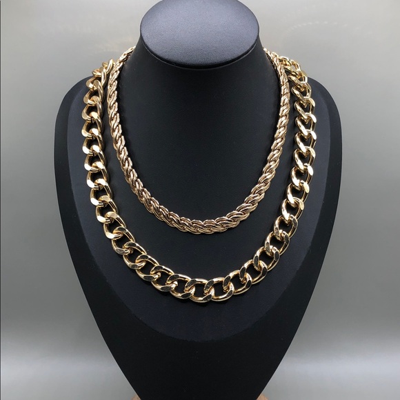 various Jewelry - Gold tone chunky chain trendy costume jewelry necklaces bundle 2 layered look.